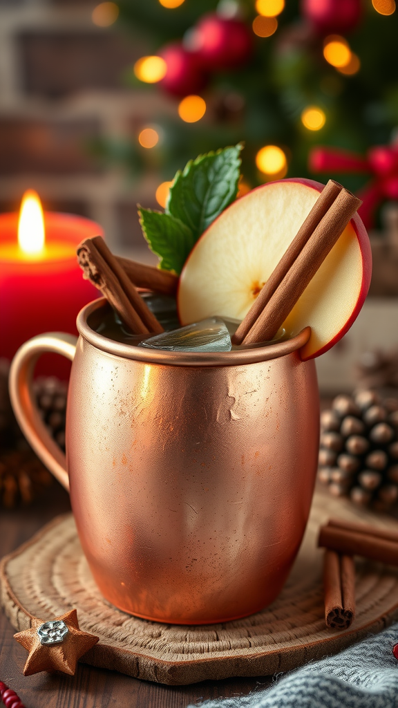 A copper mug filled with spiced apple cider and garnished with apple slices and cinnamon sticks, set against a holiday background.