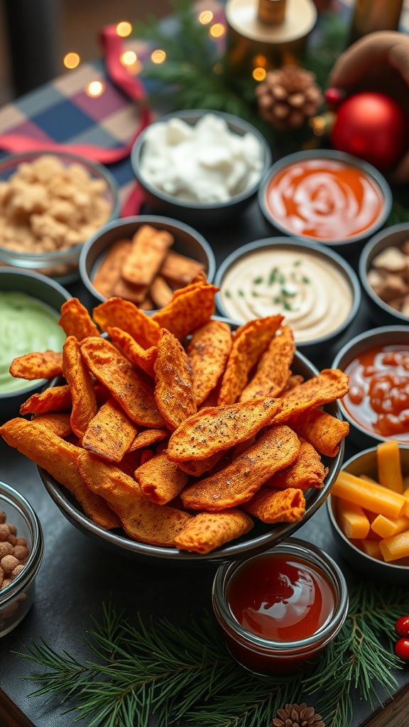 A bowl of crispy spiced pork rinds surrounded by various dips and snacks.