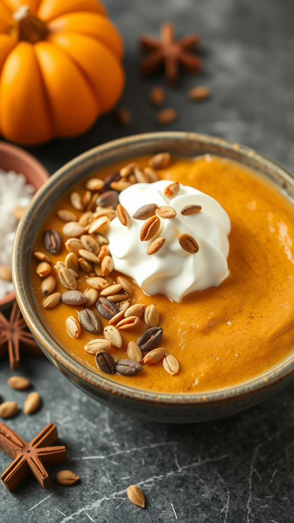 A spiced pumpkin smoothie bowl topped with yogurt, seeds, and surrounded by small pumpkins.
