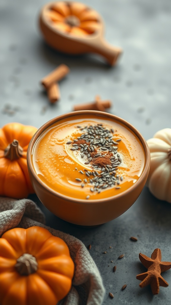 A bowl of spiced pumpkin chia smoothie topped with seeds and spices, surrounded by pumpkins.