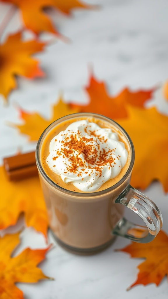 A glass of spiced pumpkin keto coffee topped with whipped cream and sprinkled with cinnamon, surrounded by autumn leaves.