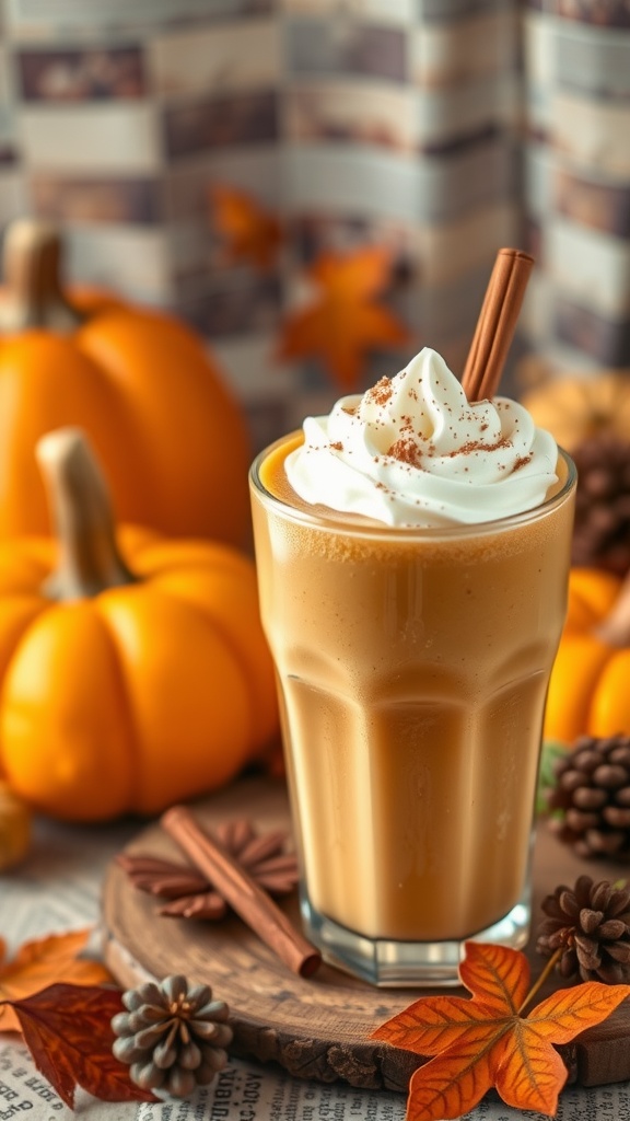 A spiced pumpkin smoothie with whipped cream and cinnamon, surrounded by pumpkins and autumn leaves.