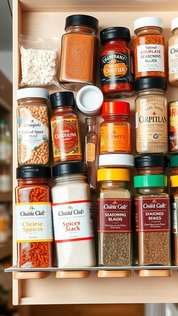 A neatly organized spice rack featuring various jars of spices and seasoning blends.