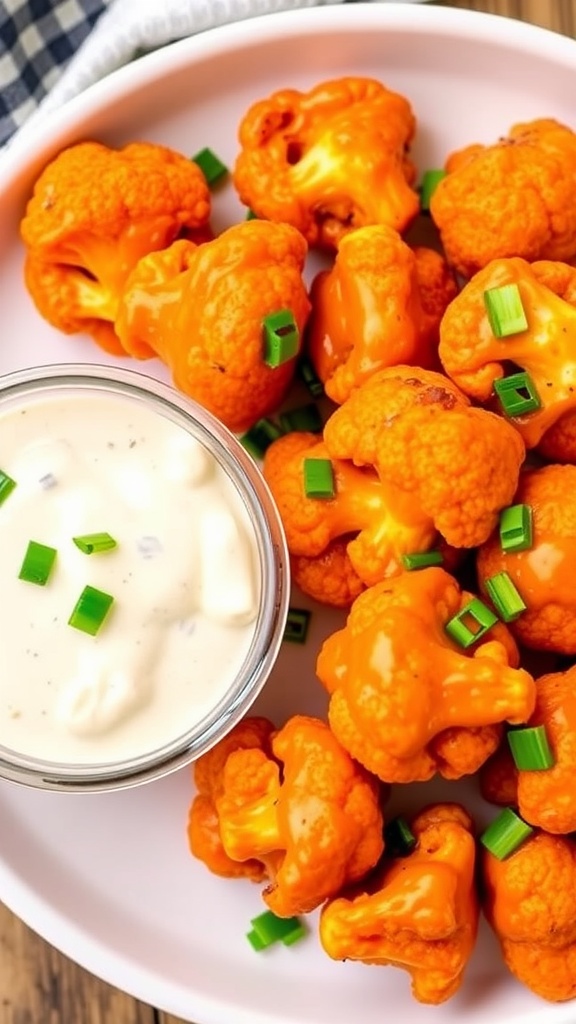 Plate of spicy buffalo cauliflower with dipping sauce