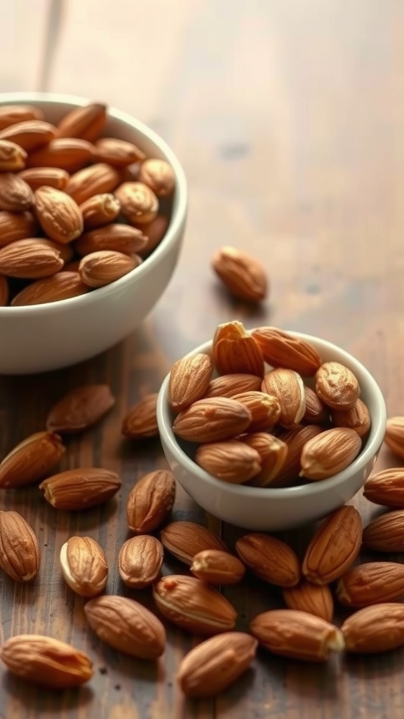 A bowl of spicy almonds on a wooden surface.