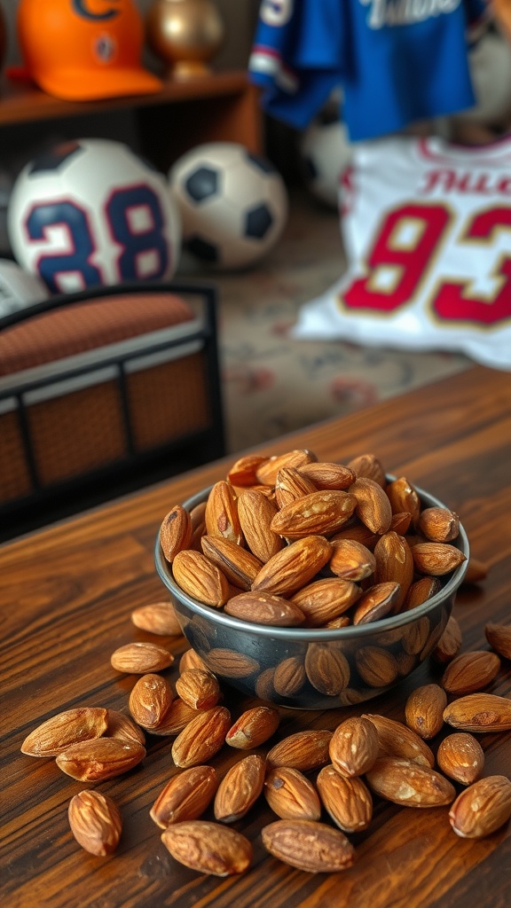 A bowl of spicy almonds on a wooden table, surrounded by scattered almonds, with sports memorabilia in the background.