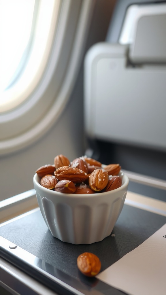 A bowl of spicy almonds with sea salt on an airplane tray