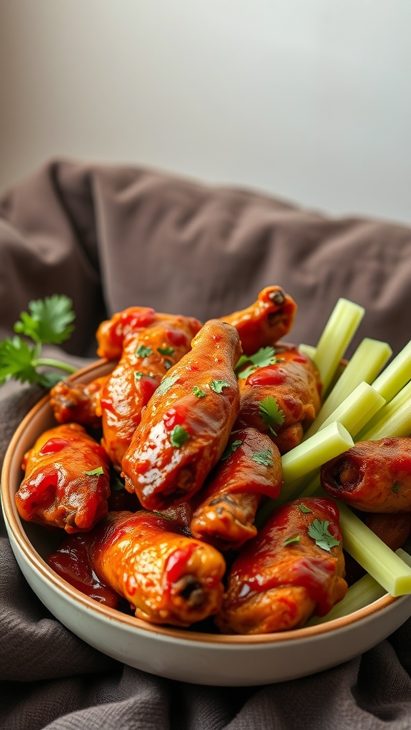 A plate of spicy baked chicken wings with celery sticks on the side.