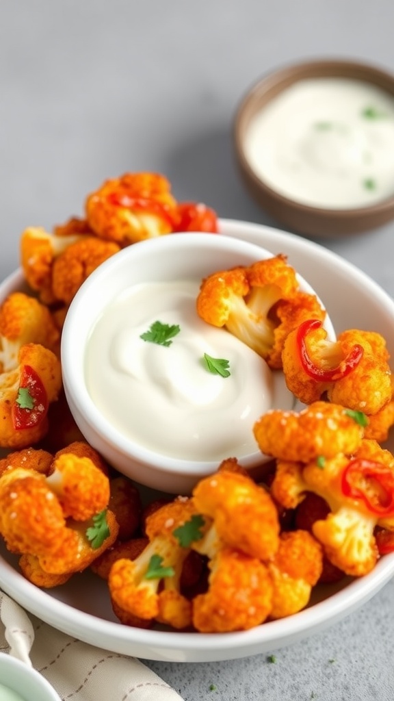 A bowl of spicy buffalo cauliflower bites with a dip