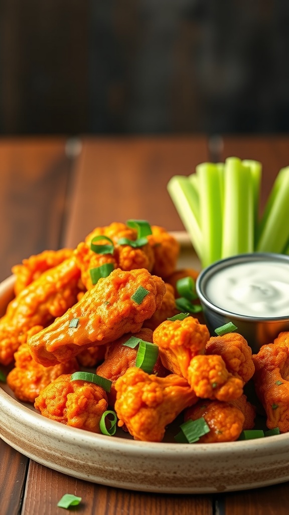 A plate of spicy buffalo cauliflower wings served with celery sticks and a small bowl of ranch dressing.