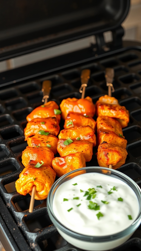 Grilled spicy buffalo chicken skewers with a side of creamy dip