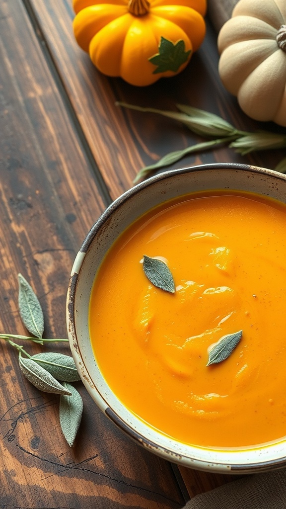 A bowl of creamy butternut squash soup garnished with sage leaves, surrounded by pumpkins