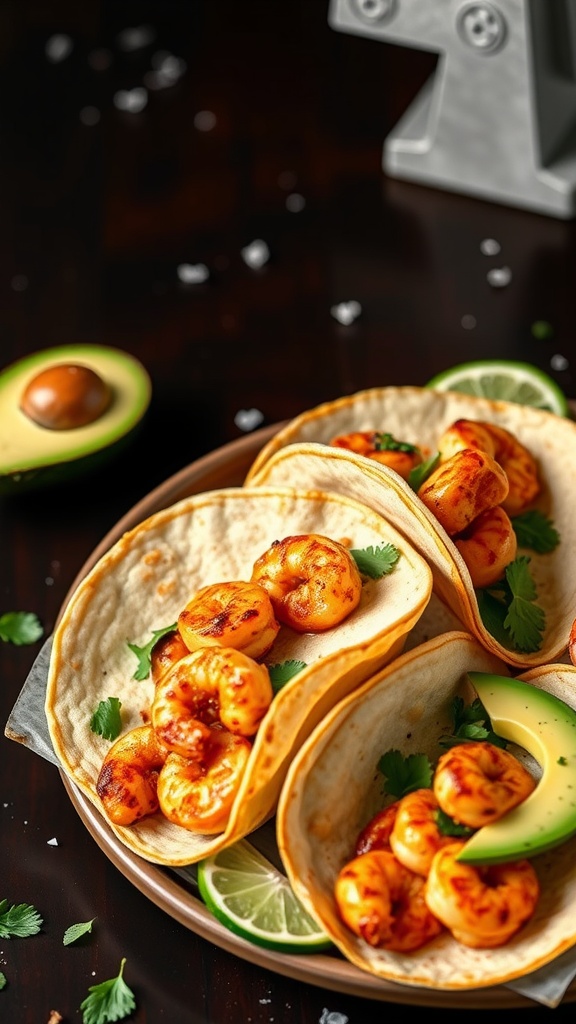 A plate of spicy Cajun shrimp tacos with avocado and lime.