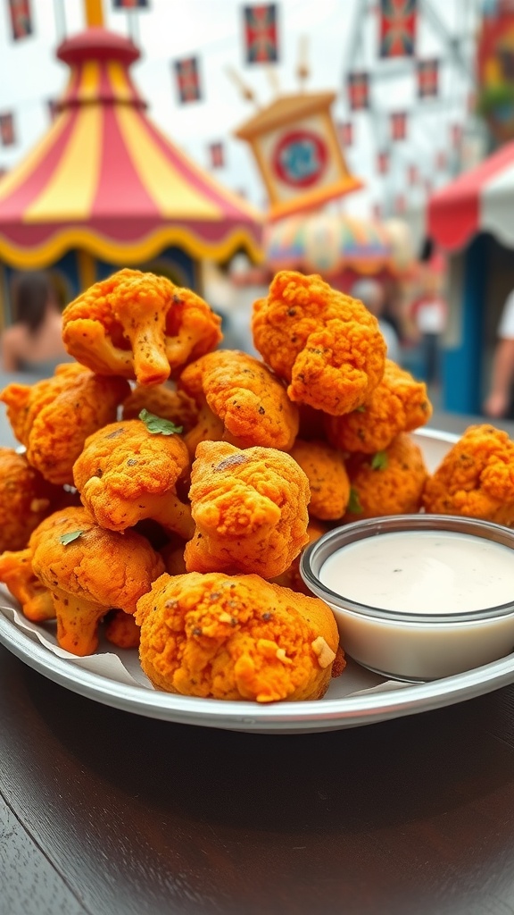 A plate of spicy cauliflower buffalo bites with ranch dressing