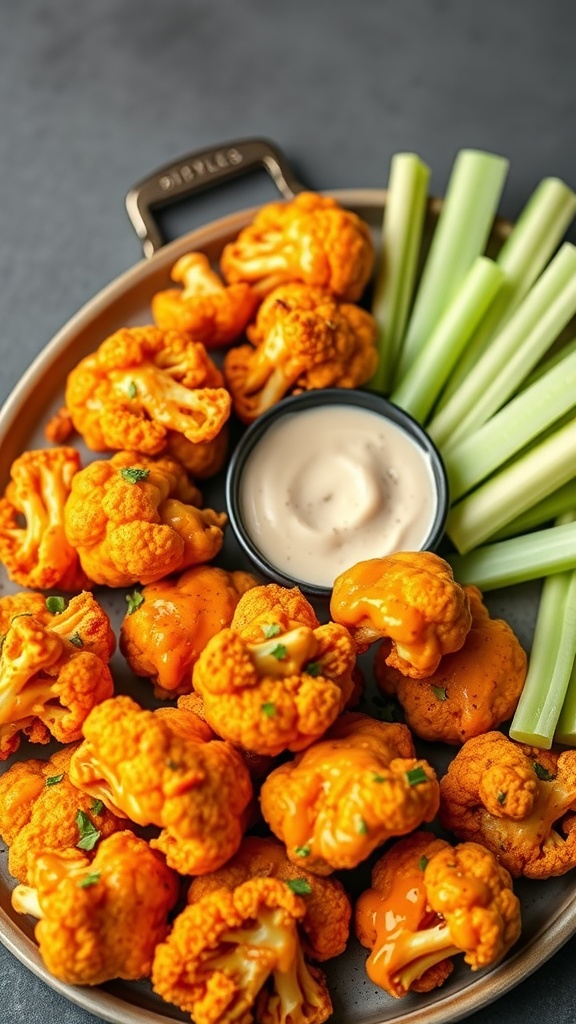 Spicy cauliflower buffalo bites served with celery sticks and a dipping sauce.