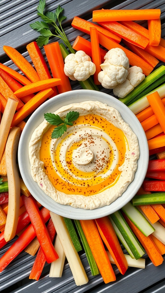 Bowl of spicy cauliflower hummus surrounded by colorful veggie sticks.