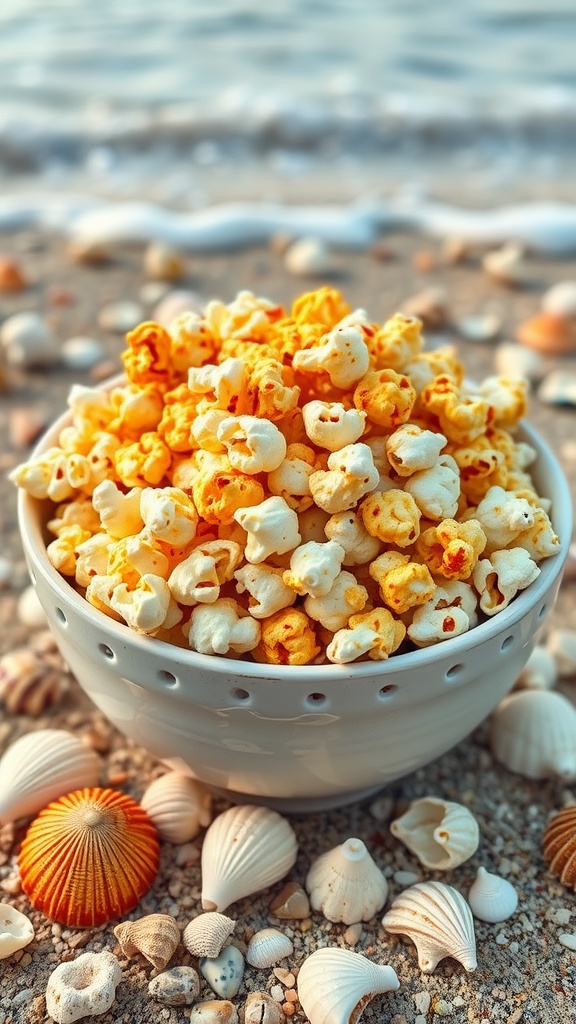 A bowl of spicy cauliflower popcorn on a sandy beach with seashells