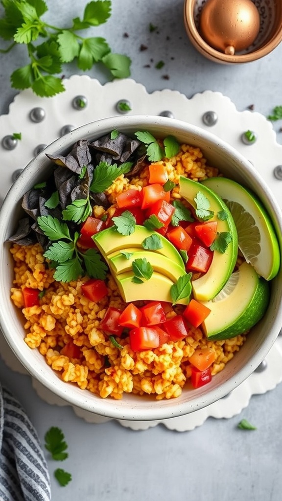 A bowl of spicy cauliflower rice with avocado, tomatoes, and cilantro, served on a decorative plate.