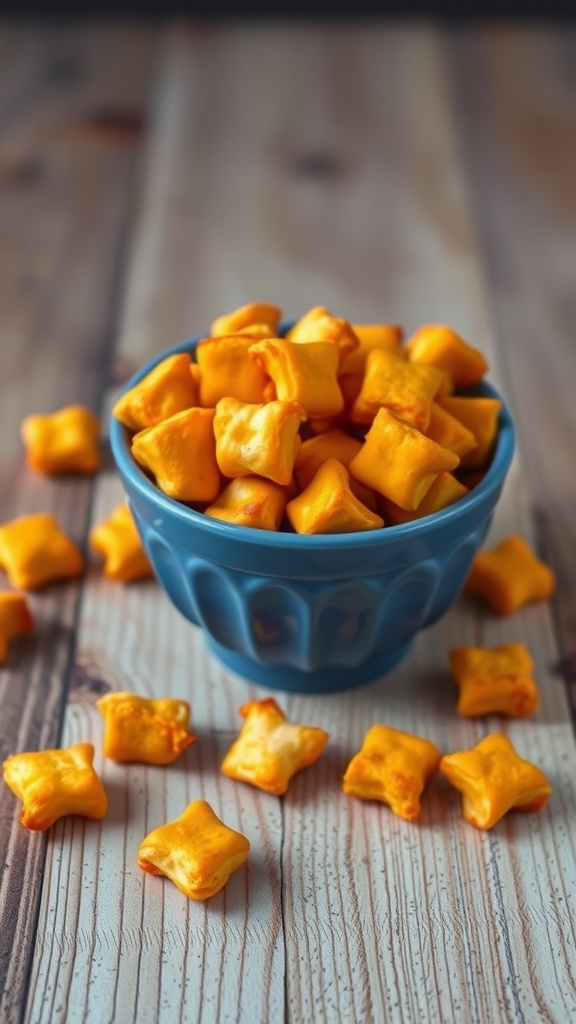 A bowl of spicy cheese puffs on a wooden surface.