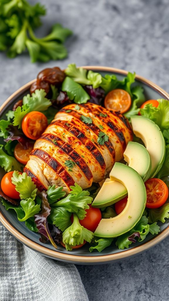 A vibrant salad featuring grilled chicken, avocado slices, cherry tomatoes, and mixed greens on a plate.