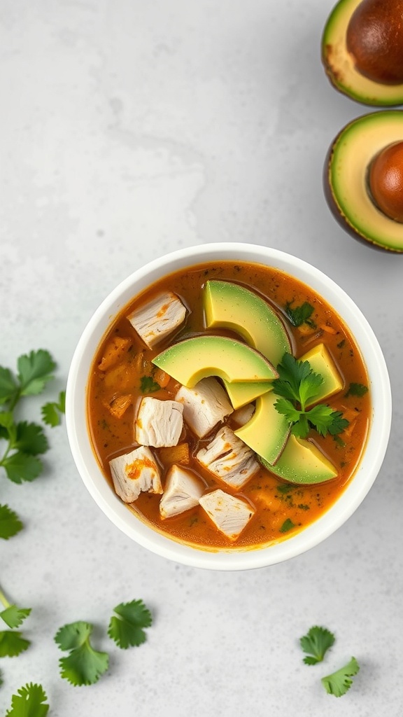 A bowl of spicy chicken and avocado soup garnished with cilantro, with avocado halves in the background.