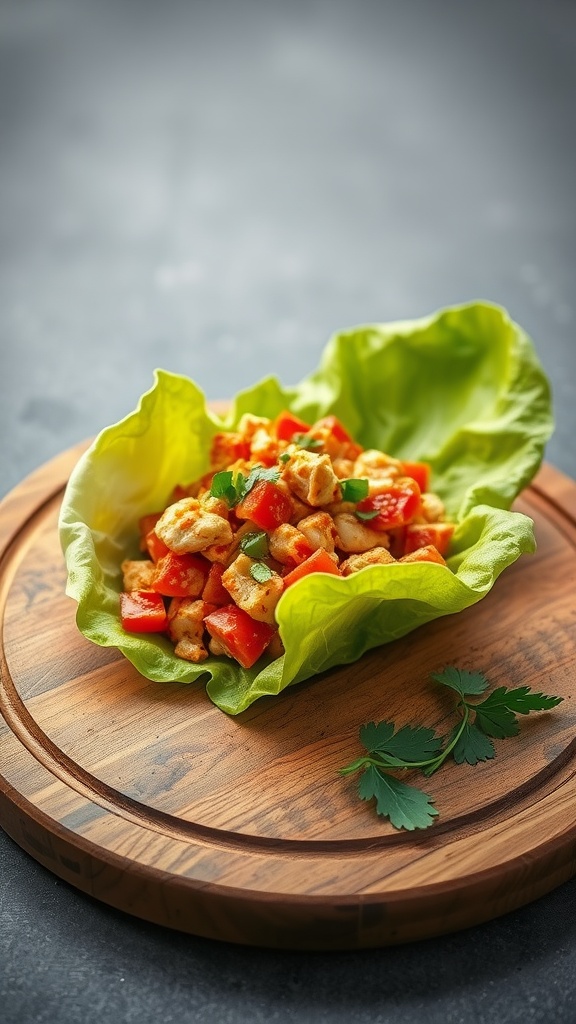 Spicy chicken and cheese wrap in a lettuce leaf on a wooden platter with cilantro