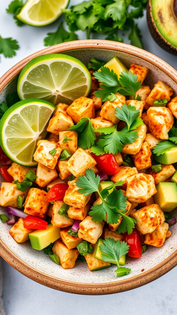 A bowl of spicy chicken avocado salad with lime and fresh greens.