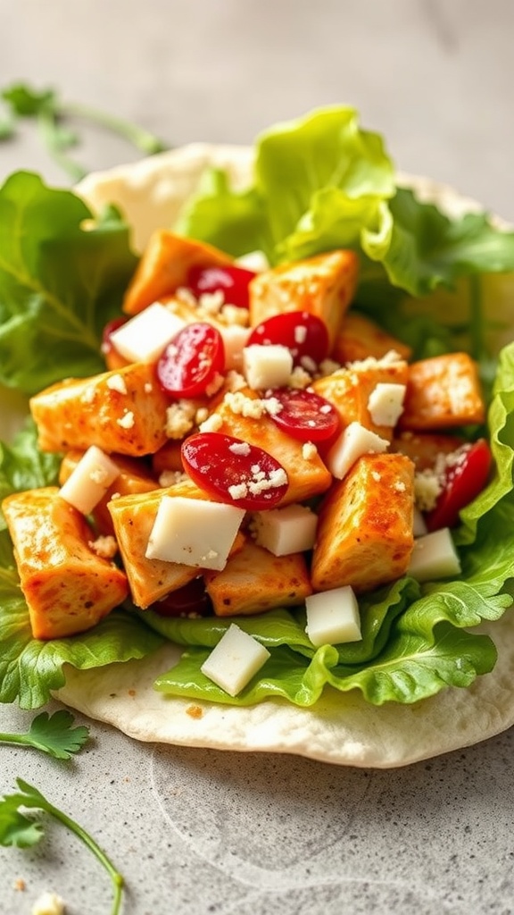 A colorful spicy chicken caesar wrap filled with lettuce, diced chicken, and cherry tomatoes.