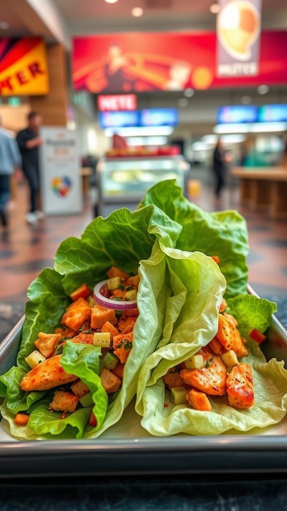 Two spicy chicken lettuce wraps filled with diced chicken and veggies, served on a tray.