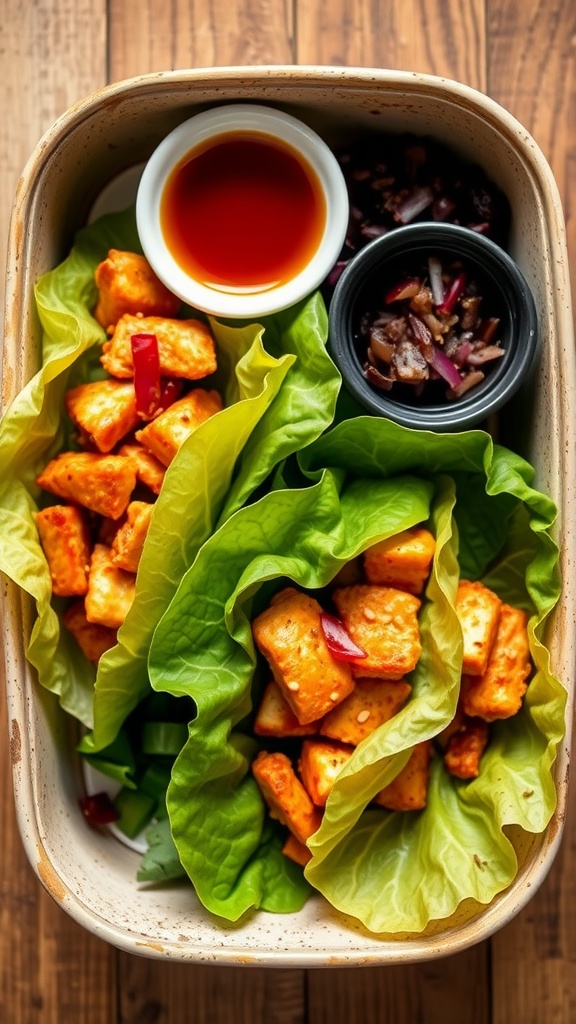 Spicy chicken lettuce wraps served in lettuce leaves with a dipping sauce.