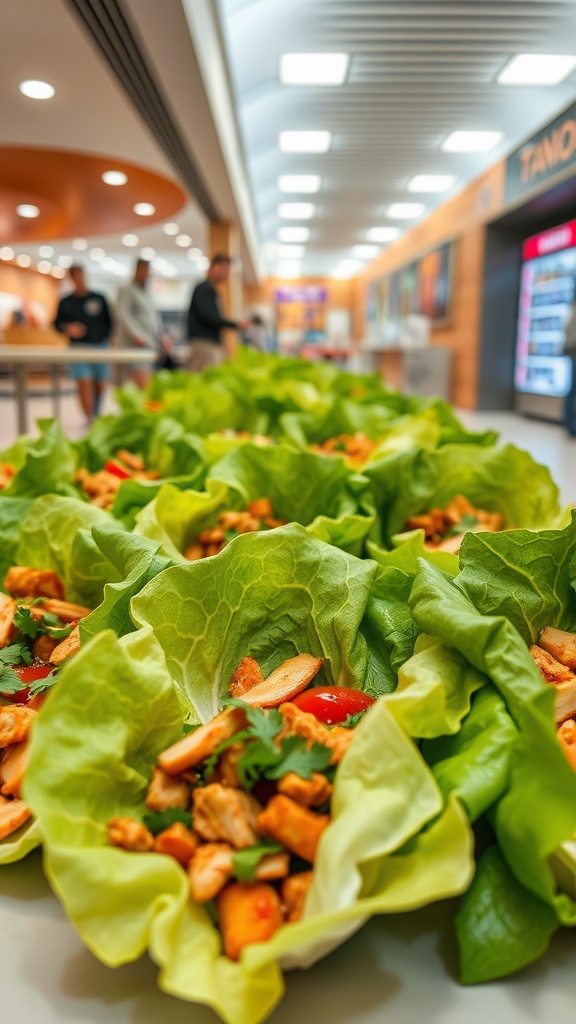 A close-up of spicy chicken lettuce wraps neatly arranged, showcasing fresh lettuce leaves filled with seasoned chicken and colorful vegetables.