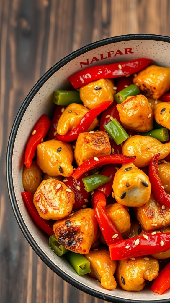 Bowl of spicy chicken stir-fry with bell peppers