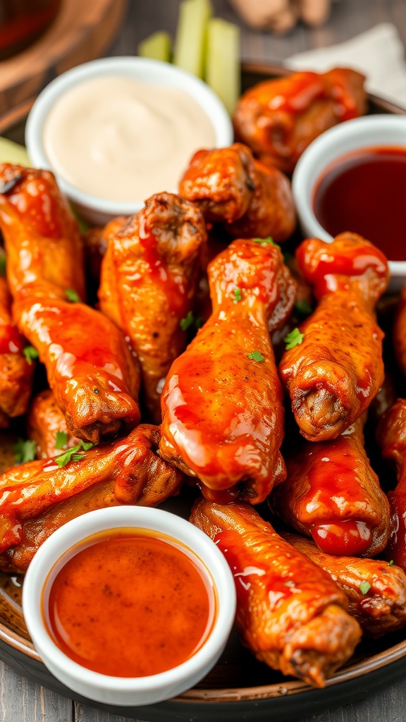 A plate of spicy chicken wings with dipping sauces.