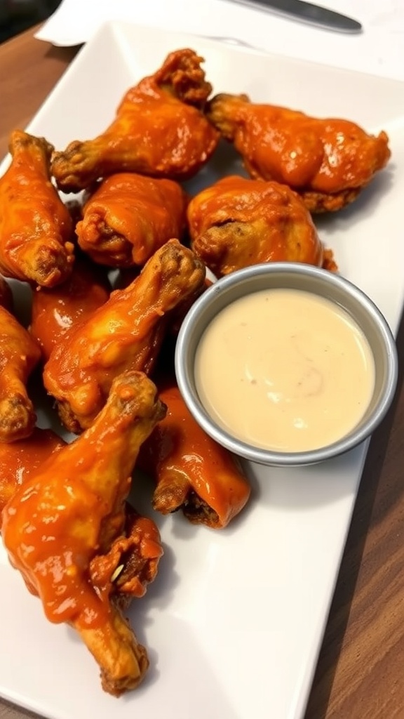 A plate of spicy chicken wings with a side of creamy dipping sauce