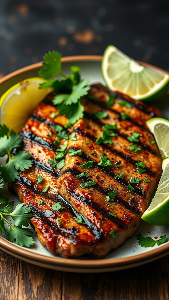 Grilled steak with cilantro and lime slices on a plate