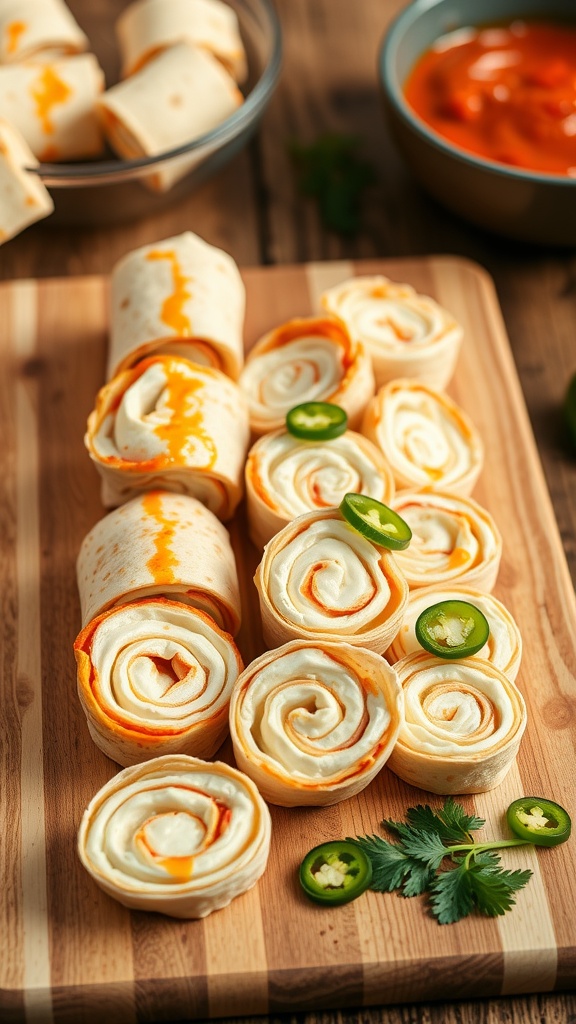 A wooden cutting board with spicy cream cheese roll-ups, garnished with jalapeños and cilantro.