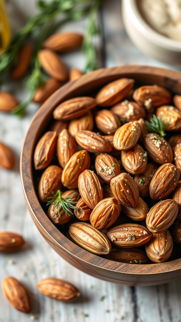 A wooden bowl filled with spicy dill pickle flavored almonds, surrounded by fresh herbs on a rustic wooden surface.