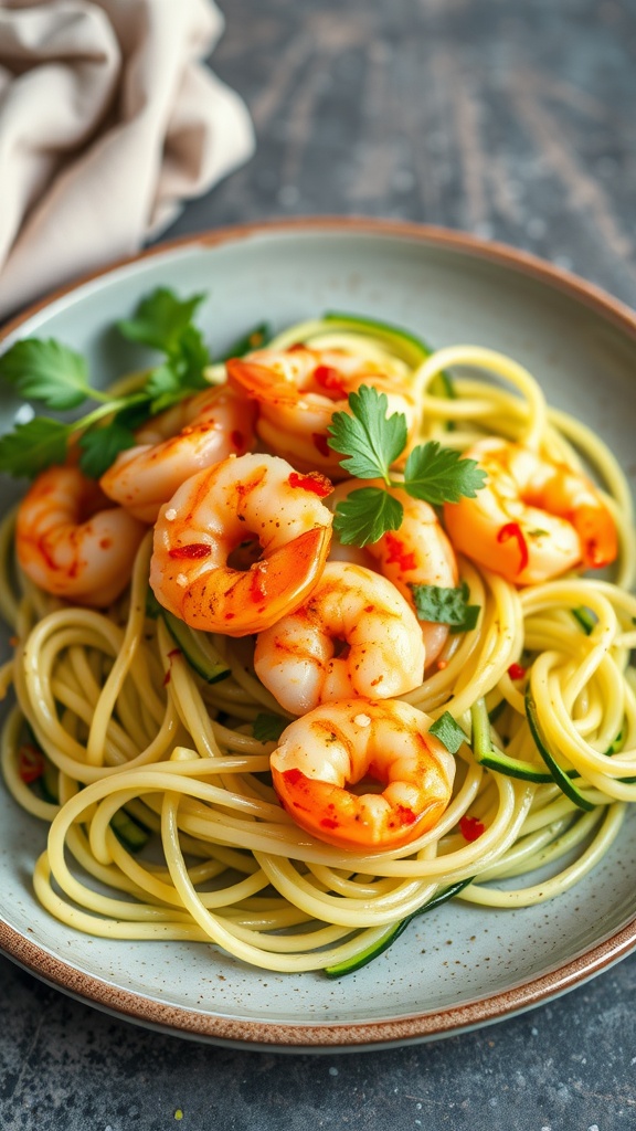 A plate of spicy garlic shrimp served on zoodles with parsley garnish.