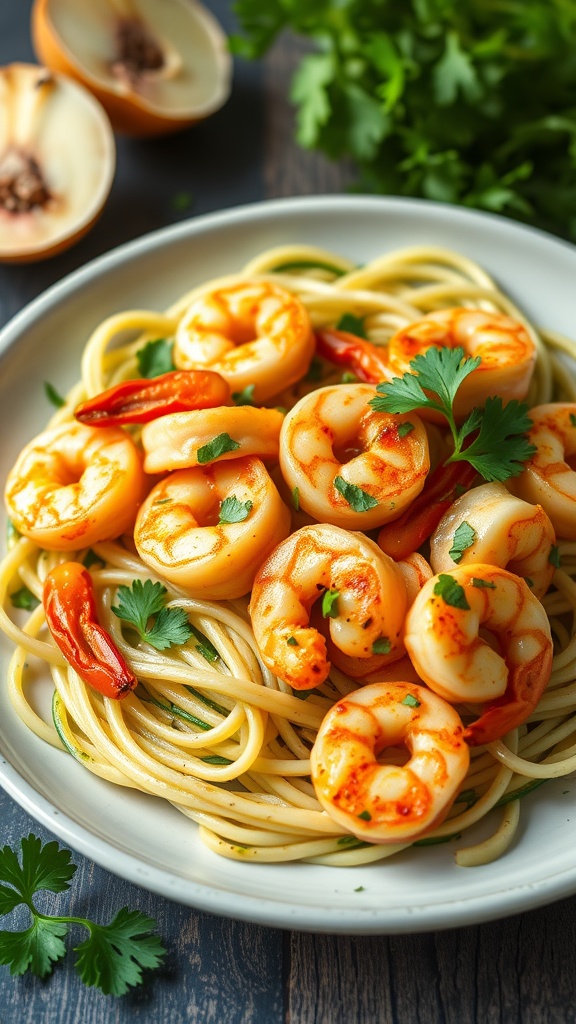 Spicy garlic shrimp served with zucchini noodles, garnished with cilantro and chili.