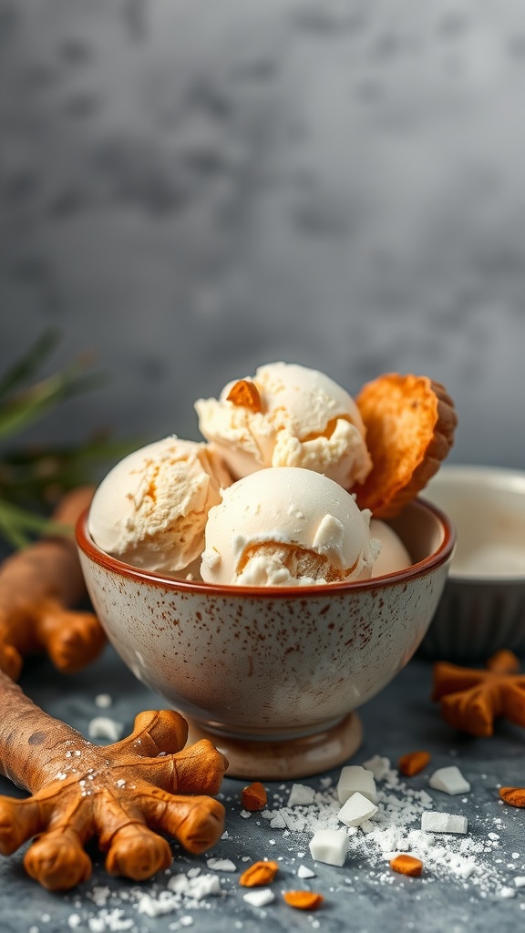 Bowl of spicy ginger coconut ice cream with ginger and toppings.