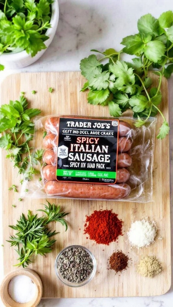 A package of Trader Joe's Spicy Italian Sausage on a wooden cutting board with herbs and spices.