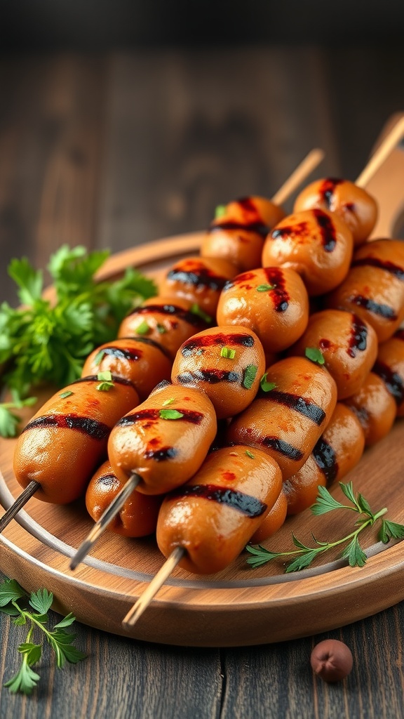 Grilled spicy Italian sausage skewers on a wooden plate with herbs.