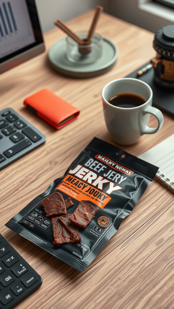 A pack of beef jerky on a desk beside a cup of coffee and a keyboard