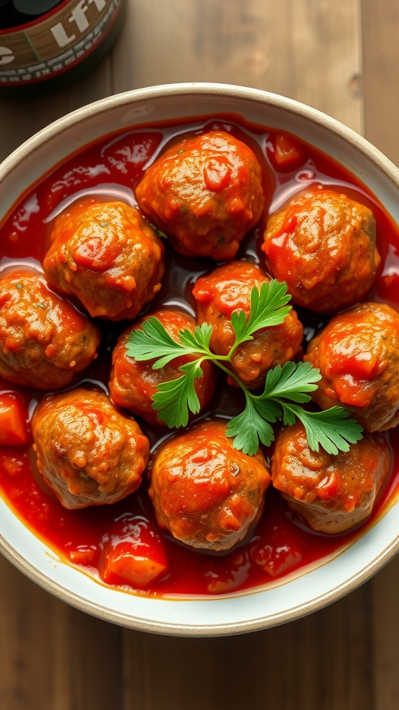 A bowl of spicy meatballs in marinara sauce garnished with parsley.