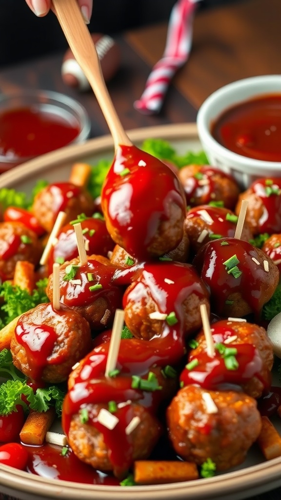 A platter of spicy meatballs drizzled with sugar-free BBQ sauce, garnished with green onions.