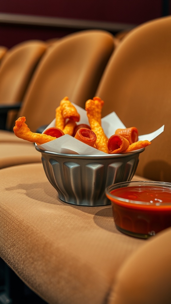 A bowl of spicy pepperoni chips with a side of dipping sauce on a theater seat.