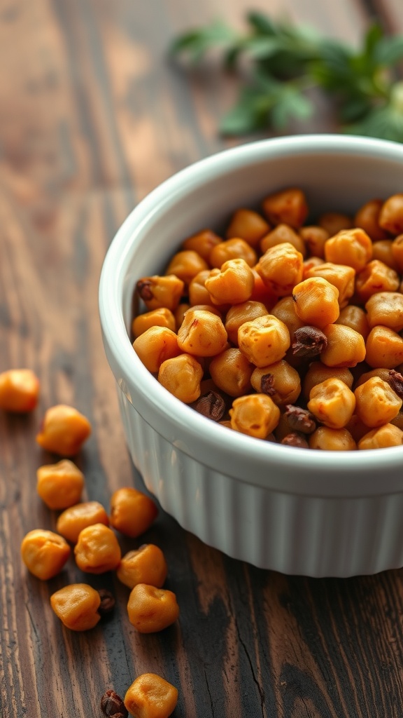 A bowl of spicy roasted chickpeas on a wooden surface with some scattered around.