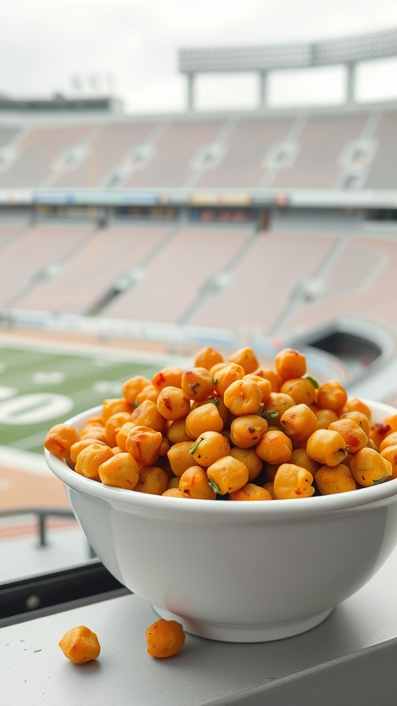 A bowl of spicy roasted chickpeas placed on a ledge overlooking a sports stadium.