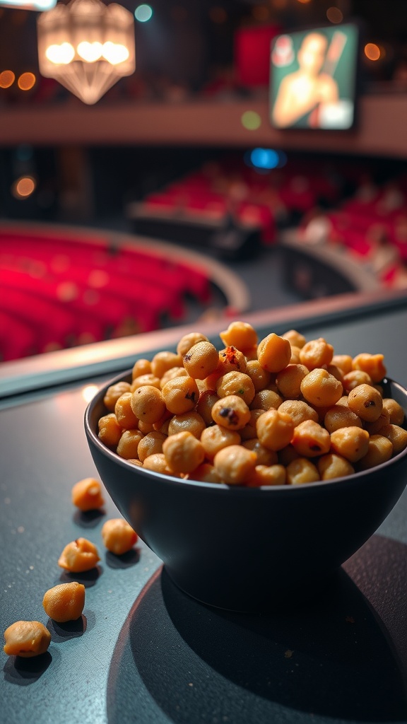 A bowl of spicy roasted chickpeas on a table at a concert venue.