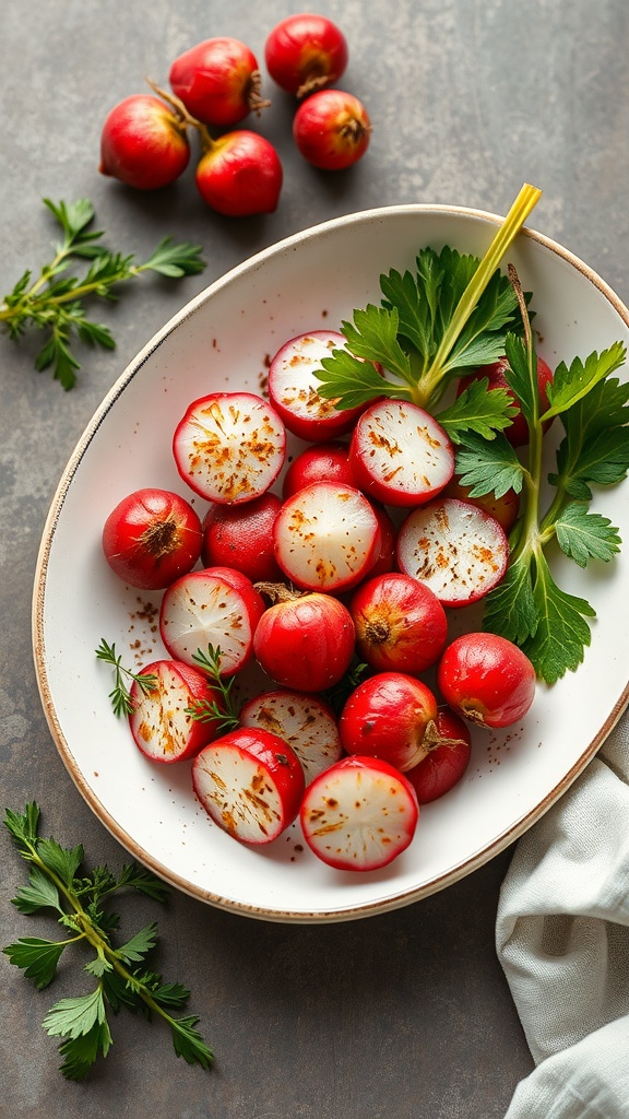 A dish of spicy roasted radishes garnished with fresh herbs on a gray surface.